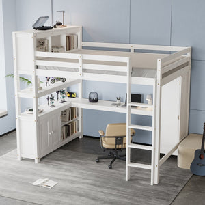 English Elm Full Size Pine Loft Bed House Frame with Slide Bookshelves and Moon Star Rails W1580S00162