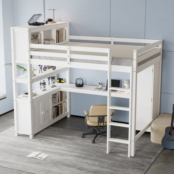 English Elm Full Size Pine Loft Bed House Frame with Slide Bookshelves and Moon Star Rails W1580S00162