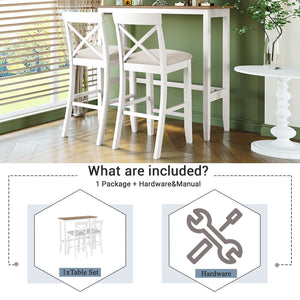 English Elm TOPMAX Farmhouse 48" Rectangular Wood Bar Height Dining Set with 2 Cushioned Stools, Space-Saving Design Beige,Brown+White N717P334716B