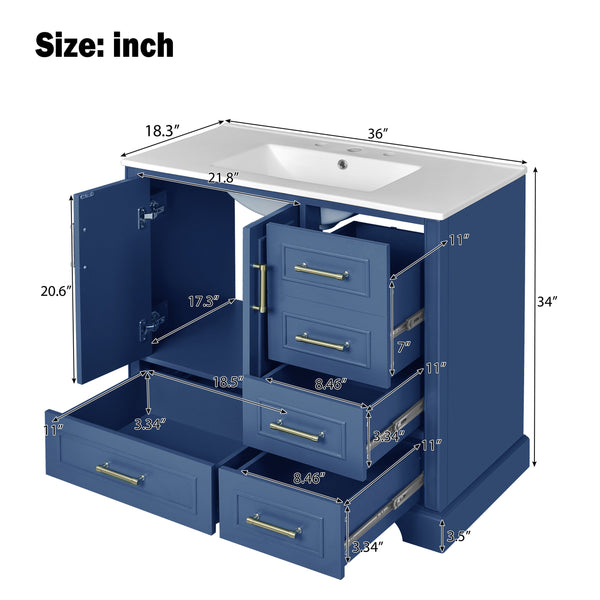 English Elm 36" Traditional Bathroom Vanity with Ceramic Sink, Solid Wood Cabinet, Soft-Close Doors & Drawers Blue N729P251630C