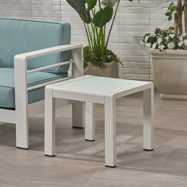 English Elm Christopher Knight Home® - CAPE Coastal Aluminum Side Table with Frosted Tempered Glass Top — Durable Contemporary Patio Accent White 65810.00WHI