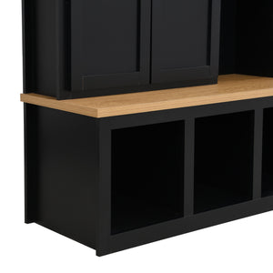 English Elm Hall Tree farmhouse entryway organizer with bench, hooks, cabinets and shoe storage, durable MDF design Black N721P286079B