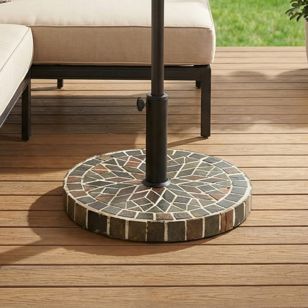 Enzo Mosaic Concrete Outdoor Umbrella Base with Ceramic Tile Inlay for Patio Use