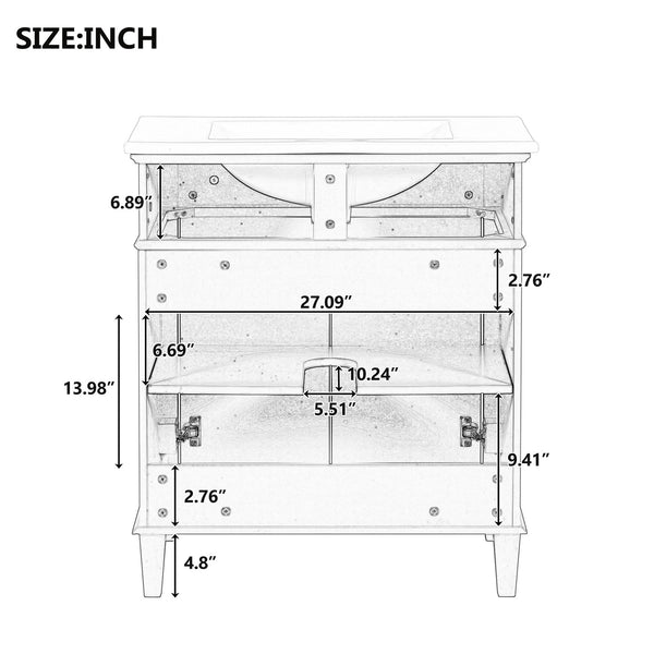 English Elm 30-inch bathroom vanity with ceramic basin, solid wood frame, soft-close doors and adjustable shelves for organized style and lasting durability Green N729P173380F