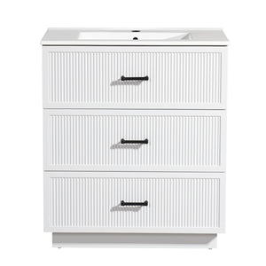 English Elm 30 Inch Bathroom Vanity With Ceramic Sink - Modern Freestanding Storage Cabinet, 2 Drawers, White Finish W1550S00045