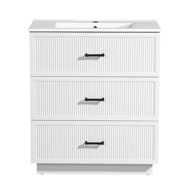English Elm 30 Inch Bathroom Vanity With Ceramic Sink - Modern Freestanding Storage Cabinet, 2 Drawers, White Finish W1550S00045