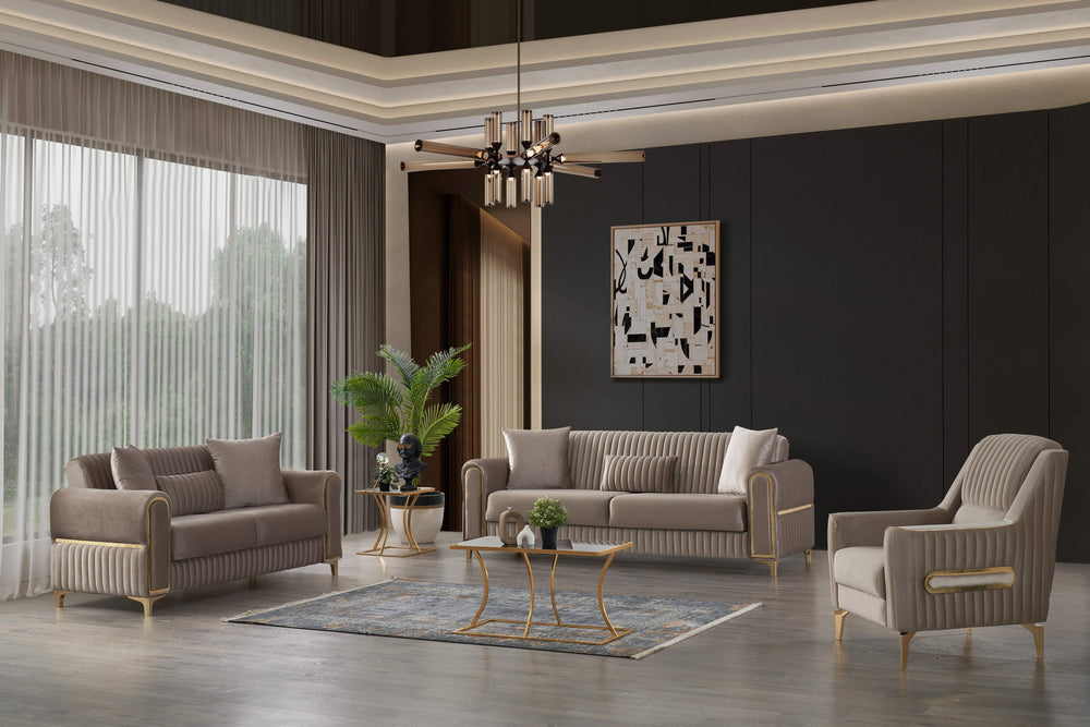 English Elm Melody Velvet Upholstered 3Pc Sofa, Loveseat & Chair Set - Modern Sleeper In Elegant Taupe Design B009S01528