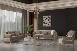 English Elm Melody Velvet Upholstered 3Pc Sofa, Loveseat & Chair Set - Modern Sleeper In Elegant Taupe Design B009S01528