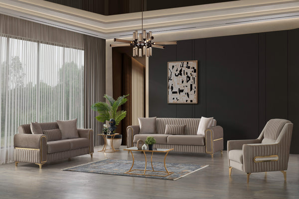 English Elm Melody Velvet Upholstered 3Pc Sofa, Loveseat & Chair Set - Modern Sleeper In Elegant Taupe Design B009S01528