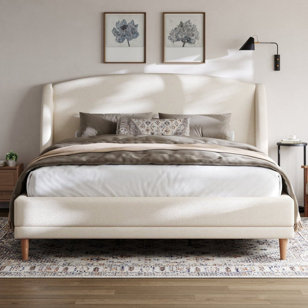English Elm California King Boucle Wingback Bed Frame Solid Wood Legs Contemporary Bedroom N757P359718K