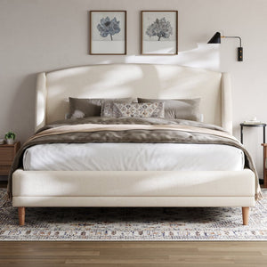 English Elm California King Boucle Wingback Bed Frame Solid Wood Legs Contemporary Bedroom N757P359718K