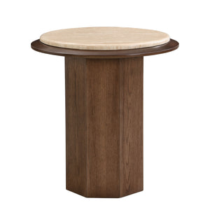 English Elm Kasha Contemporary Walnut End Table with Real Travertine Top, MDF Veneer Oak Finish, 40lb Limit B2726S00550