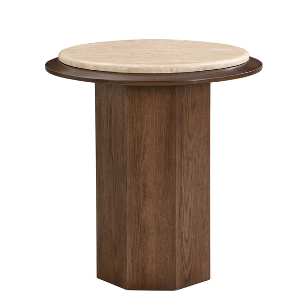 English Elm Kasha Contemporary Walnut End Table with Real Travertine Top, MDF Veneer Oak Finish, 40lb Limit B2726S00550