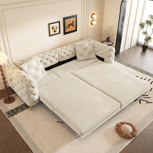 English Elm 97.6" Oversized Velvet Chesterfield Sleeper Sofa Floral Tufted Roll Arm Living Room Couch Beige+White W1885S00200