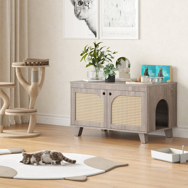 English Elm Flip Top Hidden Cat Litter Box Enclosure with Rattan Doors, Flip-Top Access, Odor Control, Stylish Table Ready Grey T3623P354970
