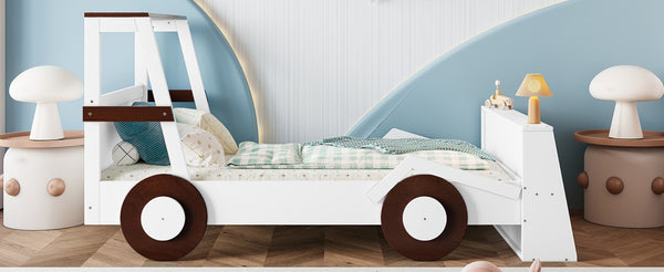 English Elm Twin Pine Treehouse Floor Bed with Padded Rails and Cabin Roofline for Kids Brown,Light White W1580S00471