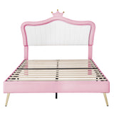 English Elm Queen Size Upholstered Bed Frame With Led Lights,Modern Upholstered Princess Bed With Crown Headboard,White+Pink