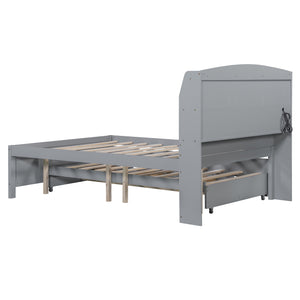 English Elm Full Size Wooden Led Platform Bed With Trundle, Storage Headboard & Usb Charging – Gray Finish N820S10009E