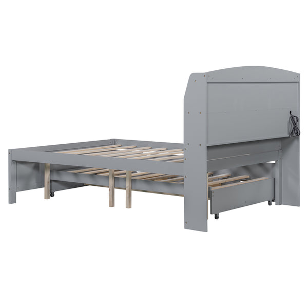 English Elm Full Size Wooden Led Platform Bed With Trundle, Storage Headboard & Usb Charging – Gray Finish N820S10009E