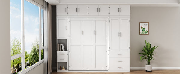 English Elm Full Full Size Murphy Bed with Lockers & Wardrobes in White — Space-Saving Foldaway Cabinet, Shelves, Drawers, Installation Video Included GX000392AAK