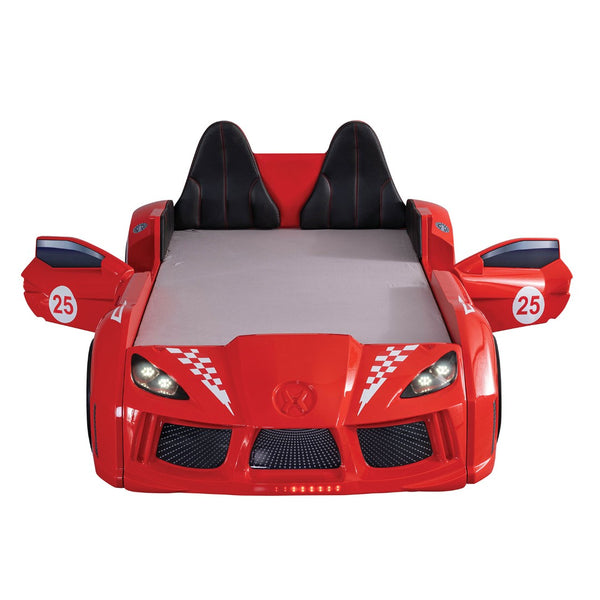 English Elm Modern Race Car Twin Bed with Led Lights Magnetic Doors and Leatherette Upholstery Red B2741S00911
