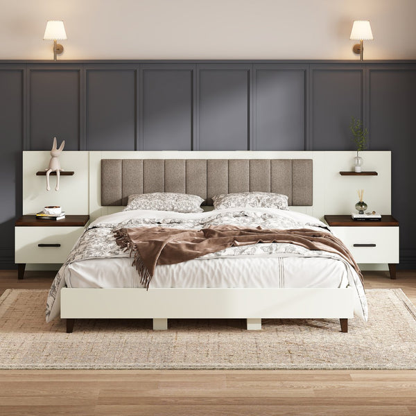 English Elm Christopher Knight Home® - King Upholstered Bed Frame with 108" Headboard and 2 Floating Nightstands, White & Brown Modern Storage N758K020304W