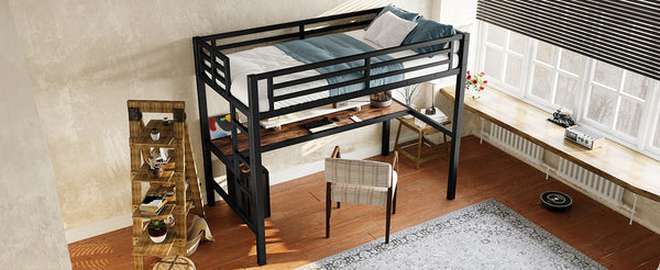 English Elm Metal Twin Loft Bed With Integrated Desk, Power Outlet, Led Lights - Space-Saving Design In Black W1580P372863