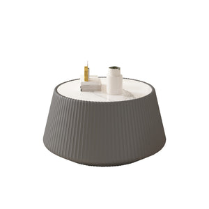 English Elm Light Sintered Stone Top Round Coffee Table with Sculpted Leather Base for Living Room Grey W3081P367592