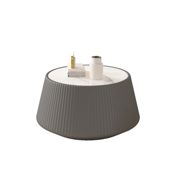 English Elm Light Sintered Stone Top Round Coffee Table with Sculpted Leather Base for Living Room Grey W3081P367592