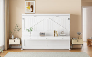 English Elm Queen Murphy Bed Cabinet with Vanity Desk Hydraulic Lift Mirror Distressed Finish White LP000766AAK-1