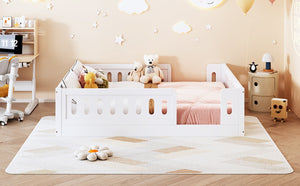 English Elm Wood Full Size Kids Platform Bed Solid Pine Guardrail Low Profile Safe Sleep Frame White N709P321458K