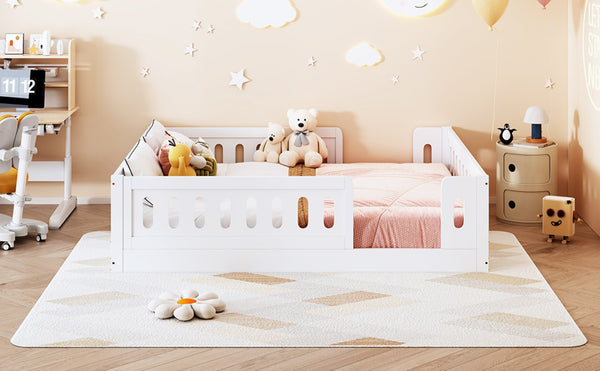 English Elm Wood Full Size Kids Platform Bed Solid Pine Guardrail Low Profile Safe Sleep Frame White N709P321458K