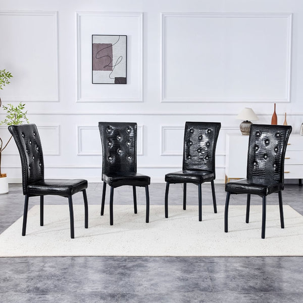 English Elm A Set of 2 Crystal Button Faux Leather Dining Chairs with Embossed Croc Texture Black W3226P344029
