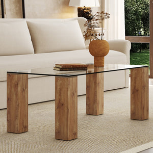 English Elm Glass-Top Coffee Table,Tea Table, With Mdf Legs - Stylish Blend Of Elegance and Durability 44.9"*21.7"*16.9"