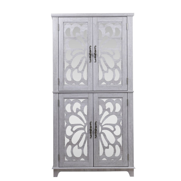 English Elm 67.4"h Mirrored Corner Cabinet Carved Butterfly Doors Adjustable Shelves Entryway Storage Light Gray W2899P374348