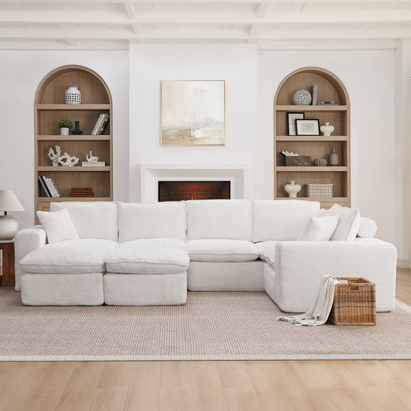 English Elm 107'' Boucle Modular Sectional with Reversible Chaise and Two Ottomans for Living Room Beige W1413S00160