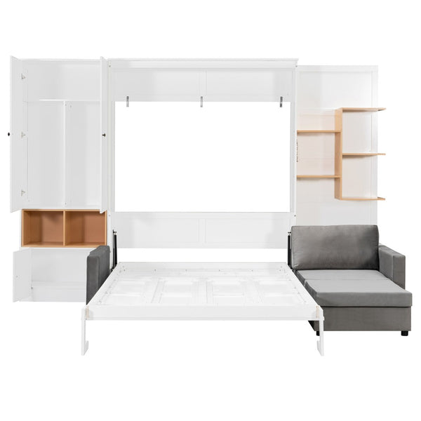 English Elm Queen Murphy Wall Bed with Velvet Sofa Built in Shelves Cabinets and Reading Lights White LP000393AAK