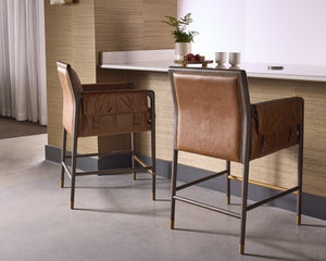 Sunpan Mauti Counter Stool - Vintage Mid-Century Design in Shalimar Tobacco Leather with Oak Frame & Gold Caps