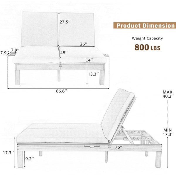 English Elm Trexm Acacia Wood Double Chaise Lounge Outdoor with Folding Trays and Foam Cushions TM000015AAD