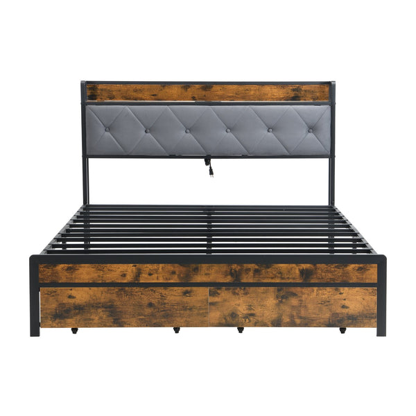 English Elm King Bed Frame with Storage Drawers, LED Headboard, USB Charging Station, Durable Metal, Grey Elegance W311P284693
