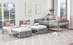 English Elm Full Over Twin Triple Bunk Bed Pine Wood Frame with Storage Drawers and Guardrails LT000343AAE-1