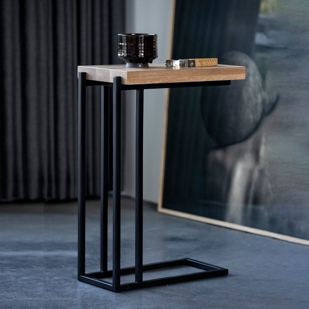 English Elm Luka Oak C-Side Table Large with Solid Oak Top & Black Metal Frame — Slide-Over Sofa Accent 21x14x28 B353P372716
