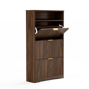 English Elm Shoe Cabinet Slim Entryway Organizer with Flip Compartments Wave Front and Gold Hardware Walnut W1162P384347