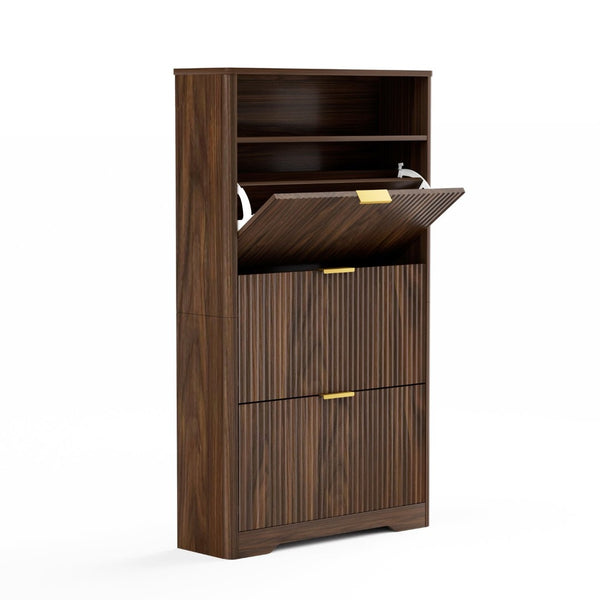 English Elm Shoe Cabinet Slim Entryway Organizer with Flip Compartments Wave Front and Gold Hardware Walnut W1162P384347