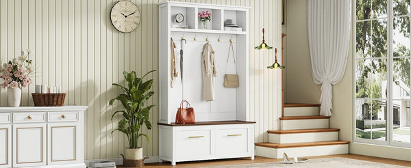 English Elm On-trend Entryway Hall Tree with Gold Hooks Bench Drawers and Shoe Cabinet Storage White N721S000056K-1