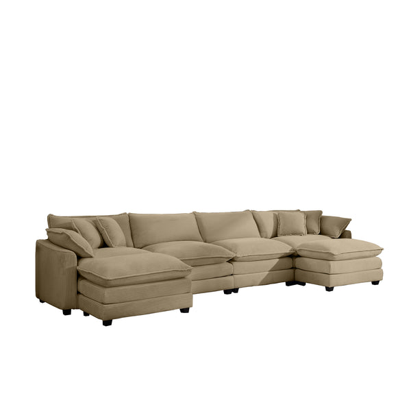 English Elm Corduroy 4-Seater Sofa Set With Footstools, Pillows & Retro-Modern Comfort For Stylish Living Spaces W714S00843