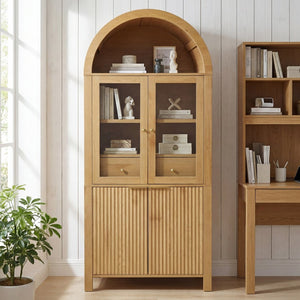 English Elm 71" Arched Glass Barn Door Pantry Cabinet Farmhouse Mdf Storage for Kitchen Dining Oak W2917S00015
