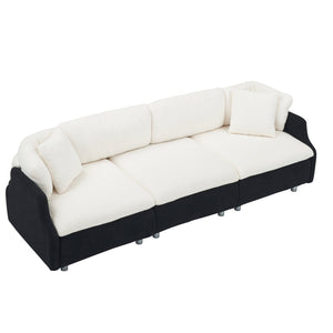 English Elm 95.3 Black and White Tandy 3-Seat Teddy Sofa with Metal White Legs, Solid Wood Frame, Plush Sponge Cushions and Two Throw Pillows for Modern Living Room Comfort and Style W1278S00073