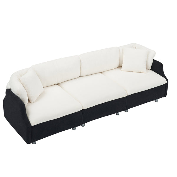 English Elm 95.3 Black and White Tandy 3-Seat Teddy Sofa with Metal White Legs, Solid Wood Frame, Plush Sponge Cushions and Two Throw Pillows for Modern Living Room Comfort and Style W1278S00073