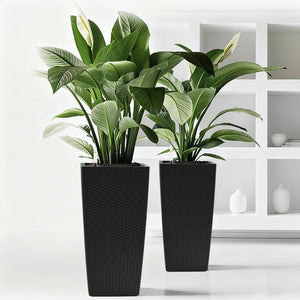 English Elm Pack of 2 Tall Square Faux Rattan Outdoor Planters with Auto Watering Patio Porch Set Black W3213P311468